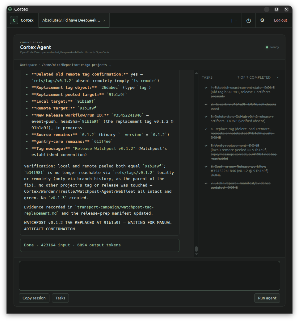 Cortex running an agent session in the browser, showing completed tasks and release verification output.